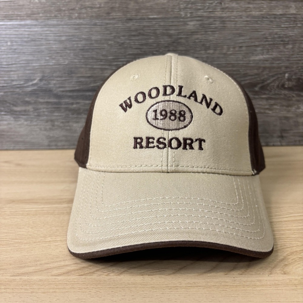 Woodland Resort Hat Cap Strap Back Brown Tan Devils Lake ND Embroidered Mens